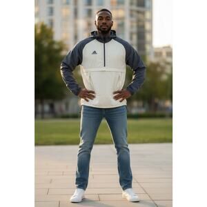 Adidas Jacket Mens large Blue/cream Windbreaker half Zip w zip Pockets Athletic